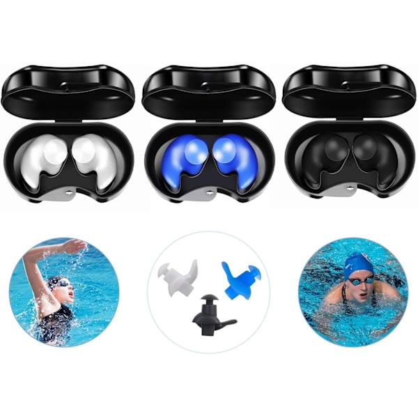 3 Pair Swimming Ear Plugs for Adults,  Soft Swim Earplugs Reusable, Ear Plugs for Swimming Showering Surfing Snorkeling, Waterproof