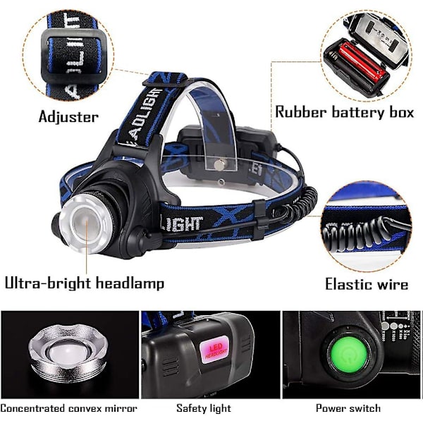 Vinterkampagne, pandelampe, genopladelig LED-lommelygte, 10000lm pandelampe med 3 lystilstande med USB-kabel 2 x 18650 batterier med indikatorlys til Cam