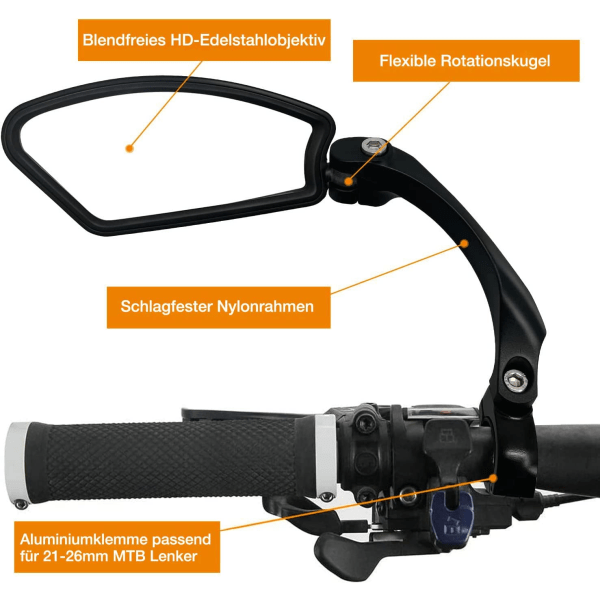 Sykkelbakspeil HD rustfritt stål speil generasjon 2.0, sykkelbakspeil for styre 21-26mm, for elektrisk sykkel R