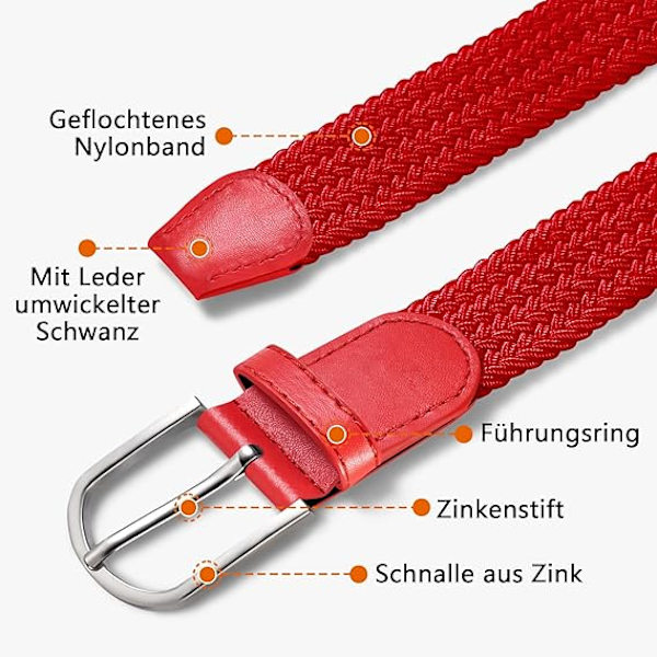 Herrbälte, elastiskt flätat bälte unisex män kvinnor flätat elastiskt stretch vävt bälte 33mm(1,25\") ，Längd 42\"(107cm) Passar midja 33\"-36\", Flera färger Red