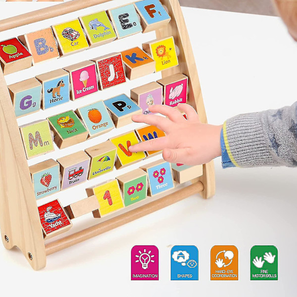 Alfabetisk Abacus för Småbarn, Trä Abc-123 Abacus Med 30 Bokstäver Och Nummerplattor, Klassiska Pedagogiska Lärande Leksaker För Baby Pojkar Flickor