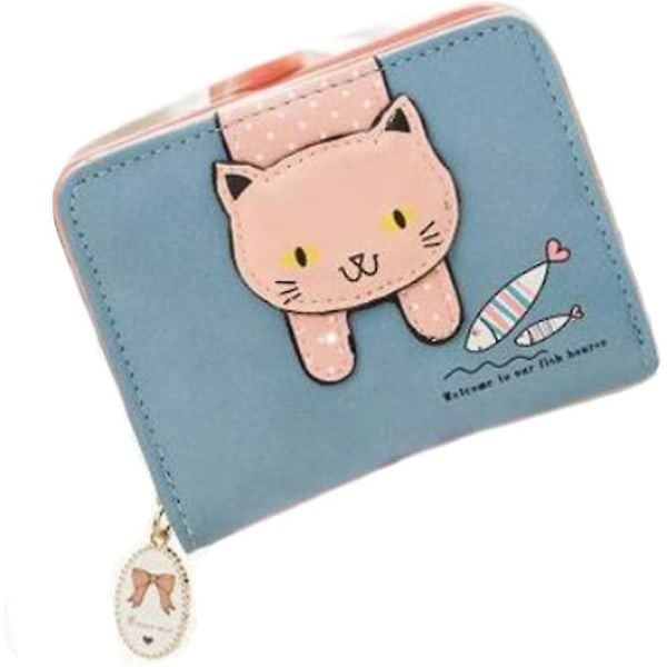 Kattelommebok for kvinner, skinnmateriale, glidelås, dekorativ liten lommebok, kan tas med, gaver til jenter (blå) (hy)