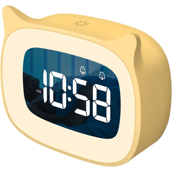Barnevekkerklokke med nattlys Trinnløs dimming, søt katteøre digital klokke for gutter og jenter, 5 minutters alarm, ok for å vekke barn (gul)