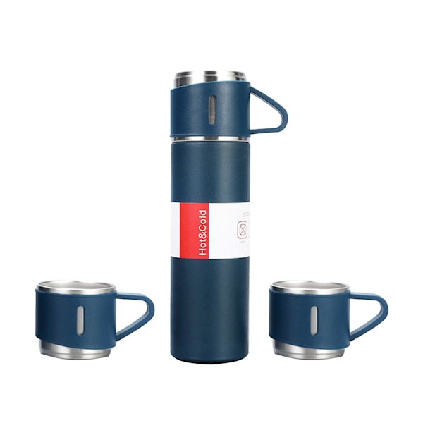500 ml isolert termosflaske med 2 ekstra kopper i rustfritt stål, kaffekopp for reiser, lekkasjesikker kaffekopp Blue