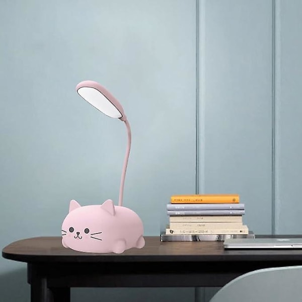Skrivebordslampe til børn, sød kat led-bordlampe med fleksibel arm, usb genopladelig bordlampe, øjenbeskyttelse, læselampe, tegneserie Kawaii sengebord L Pink