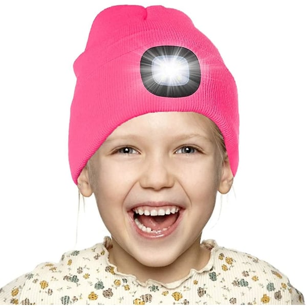 LED-upplyst Beanie-mössa för barn. Uppladdningsbar 4 LED-huvudlampa-mössa. Stickad vinter