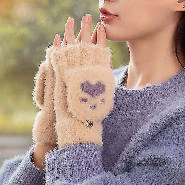 Stickade plyschklaffhandskar vinterhalvfingerhandskar dam söta handskar Beige