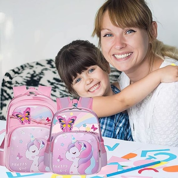 Unicorn skolerygsæk til piger, førskolerygsæk til børnehave, elementære bogtasker med flere lommer, sød og let, - L