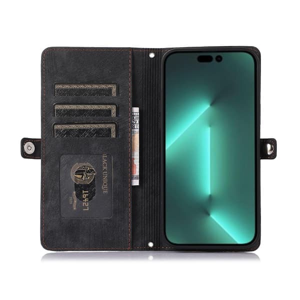 Nahkainen puhelinkotelo useilla korttipaikoilla iPhone 15 Pro Maxille, musta Black