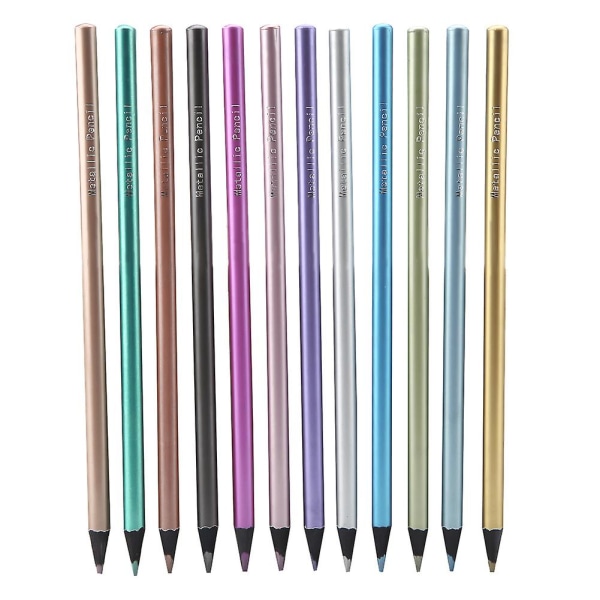 12 färger metalliska pennor Icke giftig svart trä färgpennor set för målarböcker