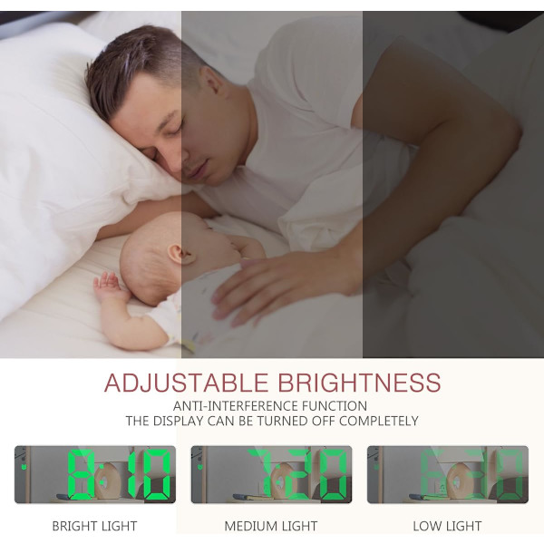 Digital väckarklocka, sängbordsväckarklocka med röst- och beröringsaktivering, batteri/USB-driven digital klocka med stor LED-display, snooze-funktion White & Green