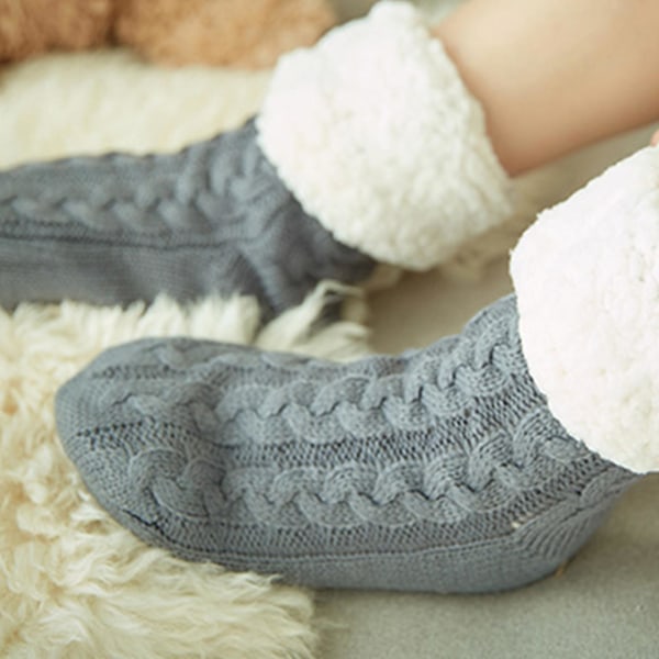 Kvinners Vinter Varme Tykke Strikkede Plysjforede Tøffelsokker Ensfarget Chunky Kabel Heklet Myke Fuzzy Koselige Sovestrømper Dark blue