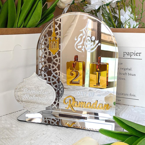 Ramadan Adventskalender, Akryl Eid Mubarak DIY Countdown-kalendere til dekoration, Ramadan Gave Ornament Mubarak Kalender Silver