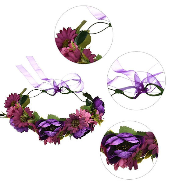 Kukkaseppele Morsius Kukka Pääpanta Hiukset Seppele Kukka Pääkoriste Halo Nauhalla Häät Juhlat Festivaali, Punainen Purple
