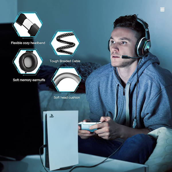E1000 USB Gaming Headset for PC - Datamaskin Hodetelefoner med Mikrofon/Mic Støydemping, 7.1 Surround Sound Kablet Headset & RGB Lys(Grå)
