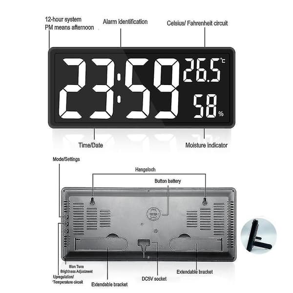 Digital Klocka Stor Display, Stor Digital Väggklocka Med Temperatur Och Luftfuktighet, Digital Väggklocka Med LED-Siffror För Sovrum, Kontor, Klar Re white