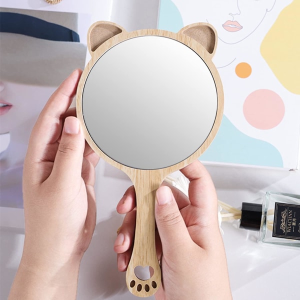 Kat håndholdt spejl Katte øre makeup spejl Sødt kat mønster træ håndholdt rejsespejl personligt kosmetik spejl med pudderpust