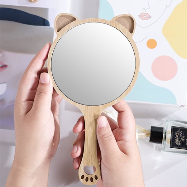 Kat håndholdt spejl katteøre makeup spejl sød kat mønster træ håndholdt rejse spejl personlig kosmetisk spejl med pudderpuf