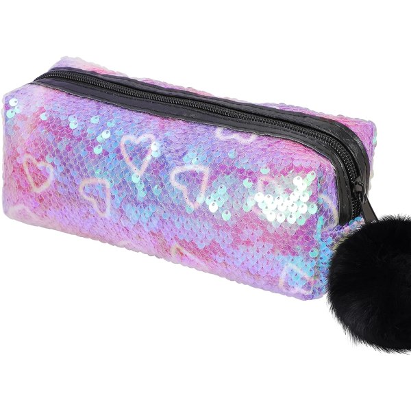 Sequin Preppy Case tytöille, Pörröinen vetoketjullinen pussipussi Holografinen case , kimalteleva koulutavaraa kimalteleva kimalteleva meikkipussi (violetti, sydän)