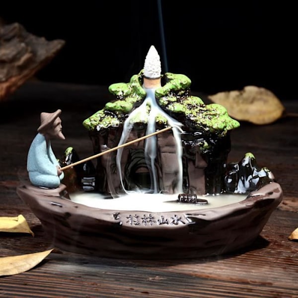 Keraaminen suitsuketeline takaisinvirtauksella - Parhaat zen-lahjat ja omaperäinen kodin sisustus - Kalastaja ja vuori Paysage de Guilin