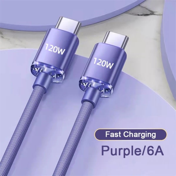 PD 120W 6A Hurtiglading Type C Kabel For iPhone 15 Pro Max USB C Hurtigladekabel For Samsung Xiaomi Huawei Datakabel Lilla 2m purple 2m