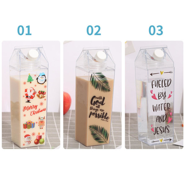 Mælkekarton vandflaske Klar firkantet mælkeflaske Plast Lækagesikker kop 1000ml, genanvendelig gennemsigtig mælkepap vandflaske 2pcs-500ml