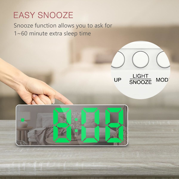 Digital väckarklocka, sängbordsväckarklocka med röst- och beröringsaktivering, batteri/USB-driven digital klocka med stor LED-display, snooze-funktion White & Green