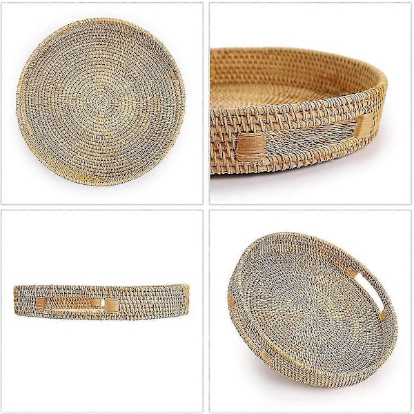 Rund Rattan Vevd Serveringsbrett Dekorativt Utstillingsbrett Oppbevaringsfat Med Håndtak Bordplate Organizer Brett For Kaffe, Drikke, Frokost, Te, Lys
