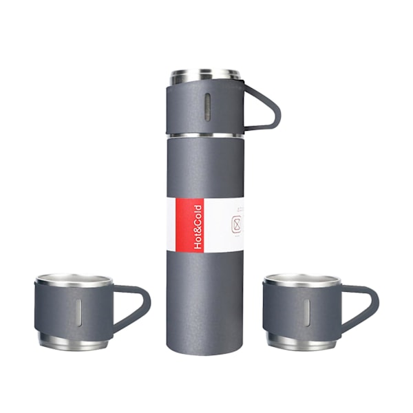 500 ml isolert termosflaske med 2 ekstra kopper i rustfritt stål, kaffekopp for reise, lekkasjesikker kaffekopp Grey