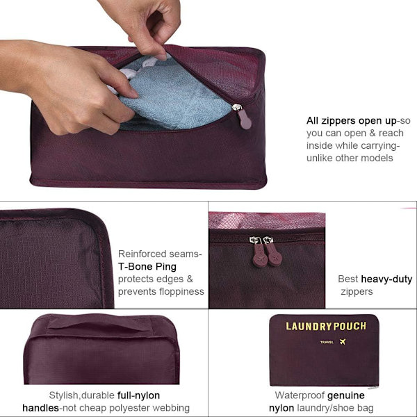 Reisearrangør Pakkeposer, 6 PCS Reisepakkekuber Sett for Klær Reisebagasje Organisasjonsposer Oppbevaringsposer Wine Red