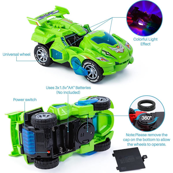 Dinosaurie Transformerande Bil Elektriska Dinosaurie Leksaker Automatisk Transformerande Dinosaurie Bil med Blinkande Ljus och Ljud för 3-7 Åriga Pojkar Flickor Green