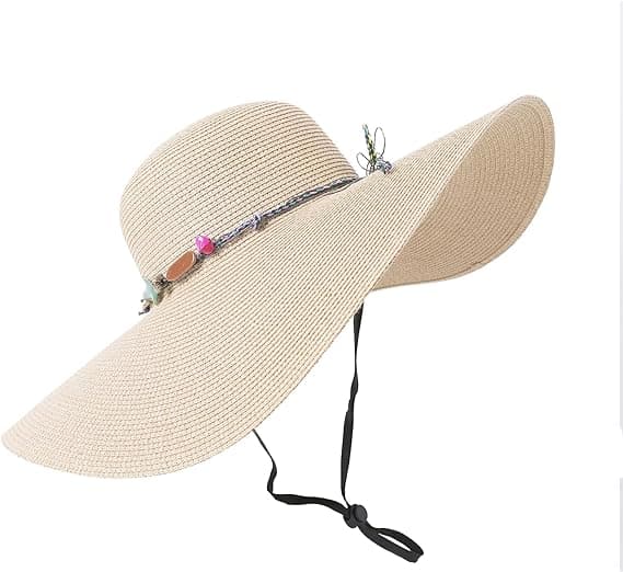 Dame Bredbremmet Halmhatt Floppy Foldable Roll up Cap Strand Solhatt UPF 50+ Beige
