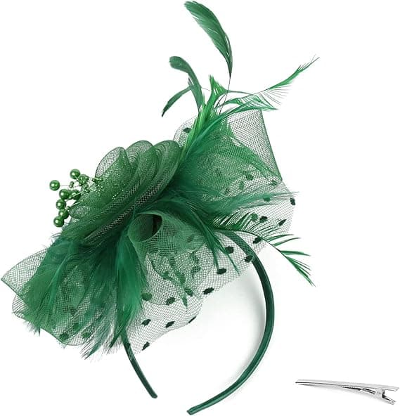 Fascinator Hat til kvinder, damer, bryllup, te-selskab, flapper, pillbox hat, Ascot-hat, fjerblomst (mørkegrøn)