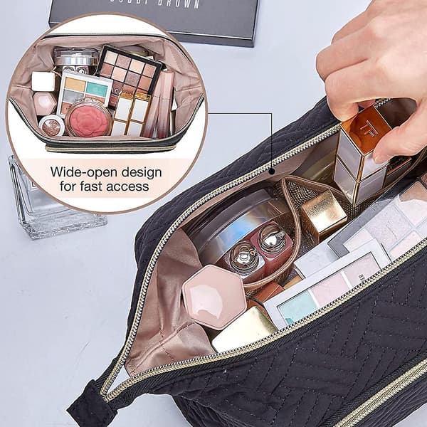 Rejsetaske til makeup, kosmetikpung, stor makeup-pung med bred åbning, sort black