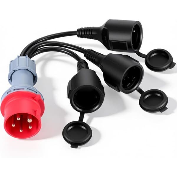 CEE-adapteri, 400V 16A - 3 x 230V Schuko-pistorasiaa, IP44-virtajakaja saranoidulla kannella, adapterikaapeli