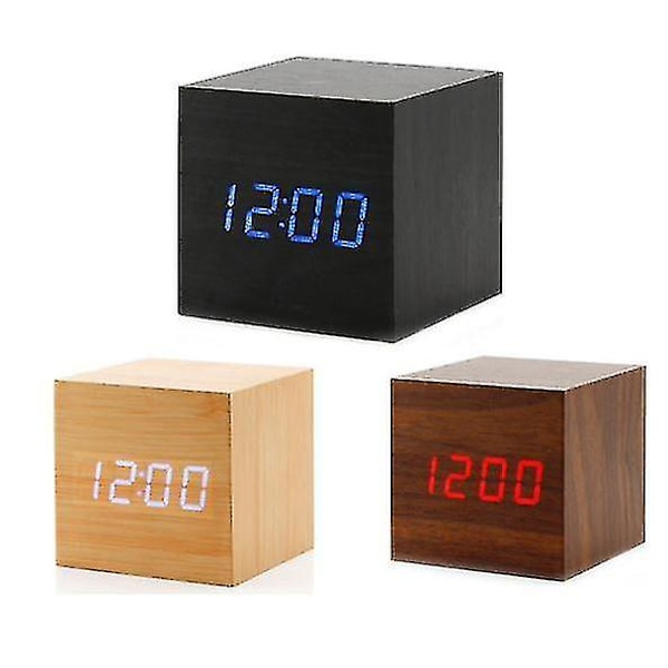 Treflokke kreativ elektronisk klokke firkantet digital klokke mini alarmklokke termometer nattbordsklokke (tid, dato temperatur) -A2