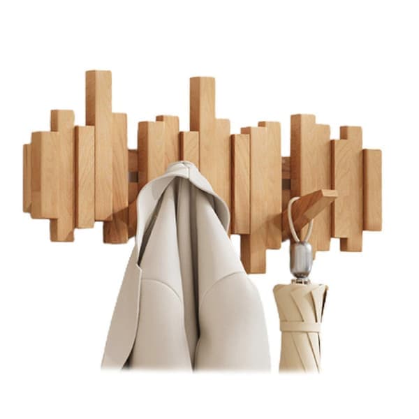Klesstativ i tre, piano-design, veggmontert, multifunksjonelt, sammenleggbart, estetisk romdekorasjon, bøk, 6 kroker Beech Hooks