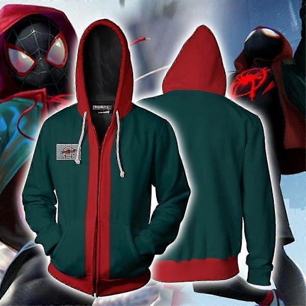 Spider-Man hettegenser Into The Spider-verse Menn Voksne Miles Morales Halloween Cosplay Kostyme Jakke Frakk Z 2XL