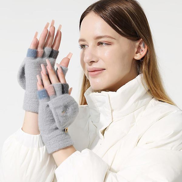 Vinterhalvfingerhandskar stickade sammetsklaffhandskar vackra broderade regnbågshandskar grey
