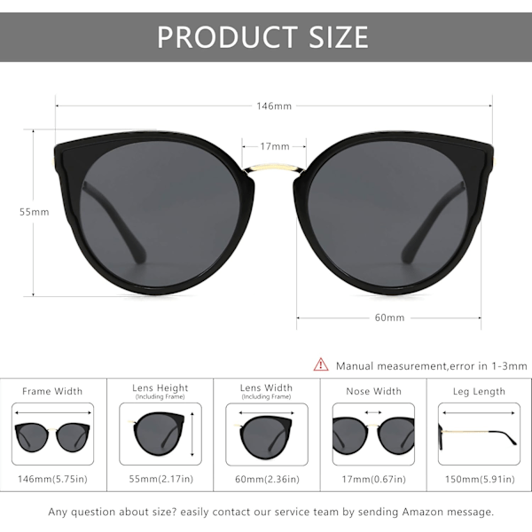 Kvinners Oversized Cat Eye Polariserte Solbriller Retro Anti-UV Solbriller -SGT969 Black Frame Glossy Finish/Grey Lens