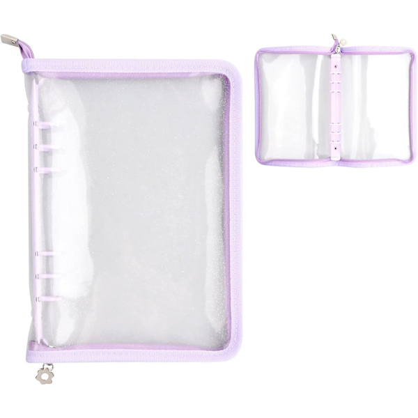 A5 Ringbind-omslag, gennemsigtig lynlåsbind-omslag, vandtæt løsbladsbind-lommer, PVC ringbind-beskyttere til bindlommer, fotokort, minikort purple A5