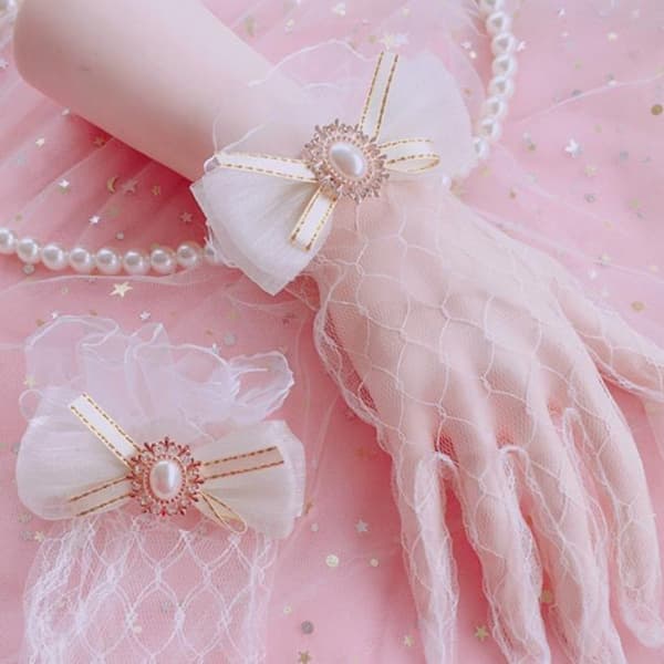 Svarta vita spetshandskar Gothic Lolita Mesh Bow Handskar VIT Vit White