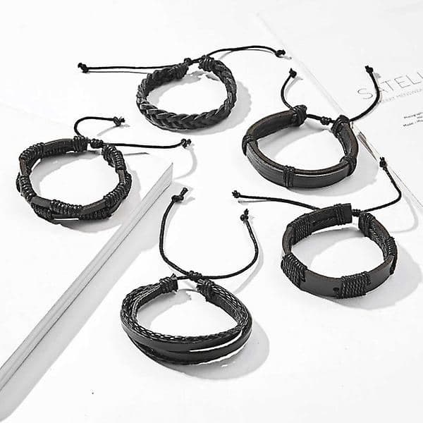 5-pak håndlavede læderarmbånd herrearmbånd sort sort