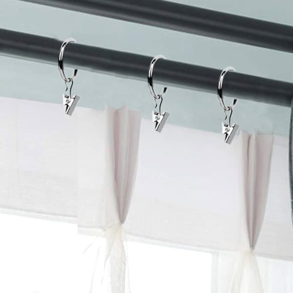 30 st gardinringar med klämmor, robusta draperiklämmor, krokar på spännstångsfäste - silver