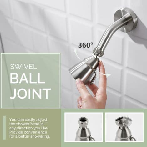 Högflödesduschhuvud i massiv mässing – Borstad nickel – Justerbart flöde – 360° rotationsvinkel – Snabb installation