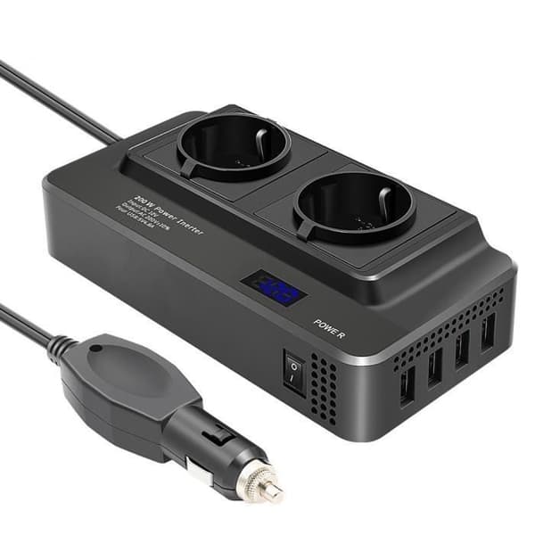 200W bilstrømomformer, 12V til 220V spenningsomformer med smart LCD-tidsvisning, 2 uttak og 4 ladere