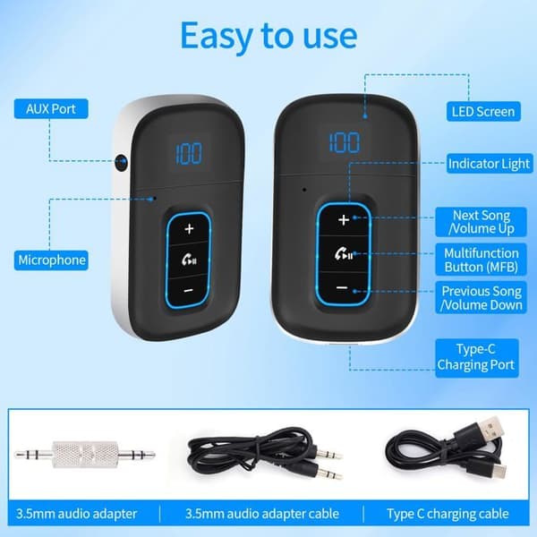 Auton Bluetooth-vastaanotin, Bluetooth-sovitin 3,5 mm:n AUX-liitäntä Bluetooth-vastaanotin kotikaiuttimille/stereoille