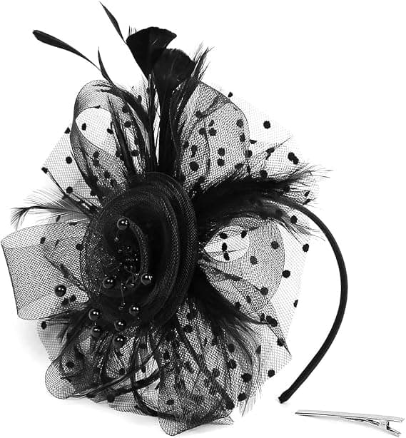 Fascinator Hat til kvinder, damer, bryllup, te-selskab, flapper, pillbox hat, ascot, racerhat, fjer, blomst (sort)
