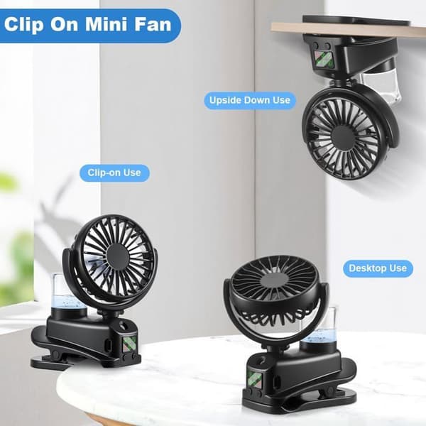 Klemmevifte, 4-trinns skrivebordsvifte, Mini USB oppladbar vifte med luftfukter-spray - Svart