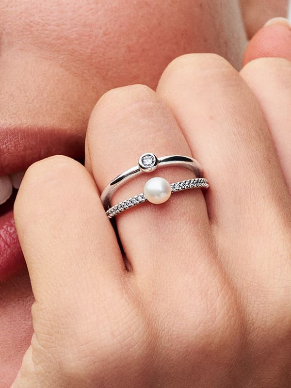 Pandora - Behandlad sötvattensodlad pärla & Pavé dubbelradig ring - Sterling silver Circumference: 50mm